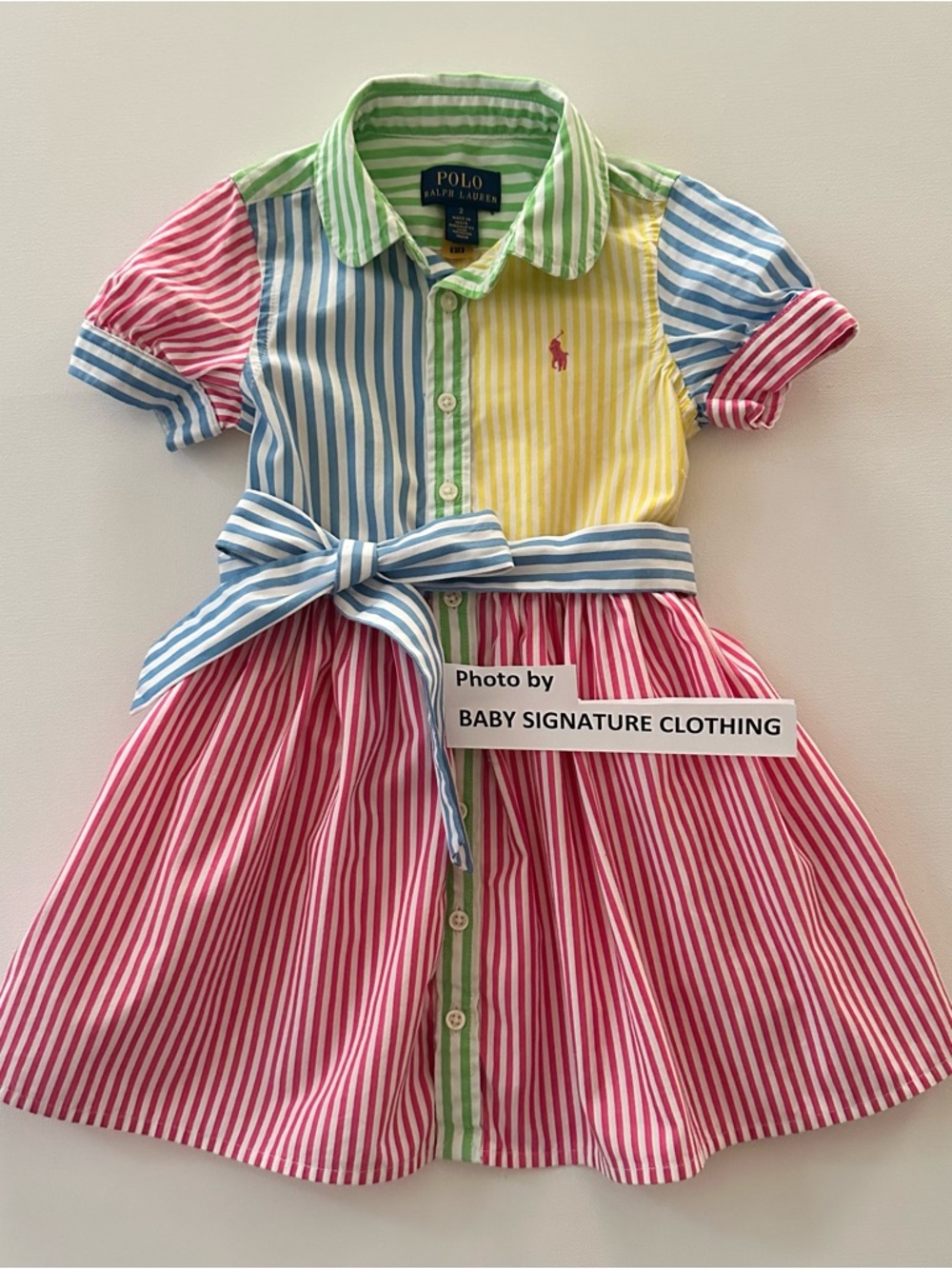 Polo Ralph Lauren 2T Toddler Girl Multi Striped Shirt Dress Belted Pink Blue
